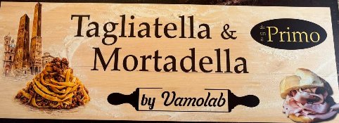Insegna dipinta a mano Tagliatella e Mortadella da Primo con Torre degli Asinelli — pasta fresca artigianale Bologna